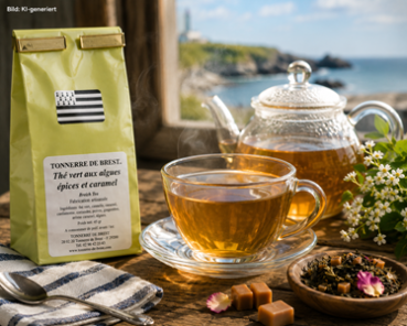 Preview: Grüntee Meeresbrise trifft Karamell – Aromatischer Tee im Glas serviert