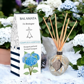 Duftbouquet Hortensie – Diffuser mit Rattanstäbchen im Glasflakon