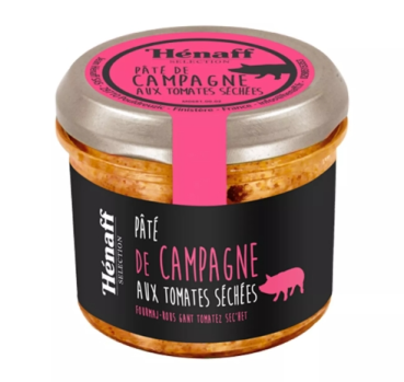 Glas Pâté de Campagne mit getrockneten Tomaten und frischem Baguette