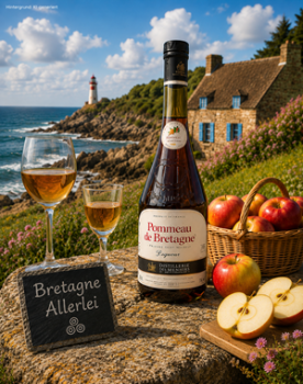 Preview: Pommeau Tradition aus der Bretagne – Bernsteinfarbener Apfel-Likör, serviert in elegantem Glas