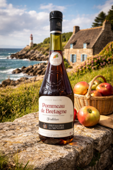 Flasche Pommeau Tradition aus der Bretagne mit bernsteinfarbenem Inhalt