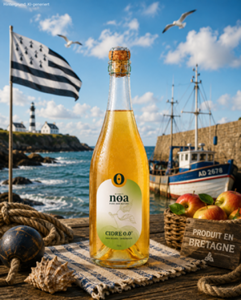Alkoholfreier Apfelwein Maison Noa 0,0 %. Frisches Apfelaroma, vegan und ohne Zuckerzusatz. Feinkost aus Frankreich direkt nach Hause