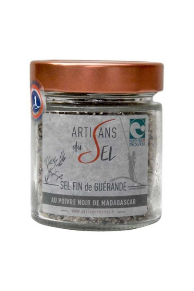 Glas Sel fin de Guérande mit schwarzem Madagaskar-Pfeffer