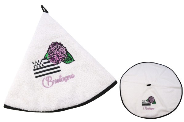 Weißes Baumwollhandtuch mit schwarzem Rand und Bretagne-Motiv