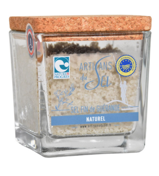 Feines Guérande-Salz im Glas mit natürlichem Korkdeckel