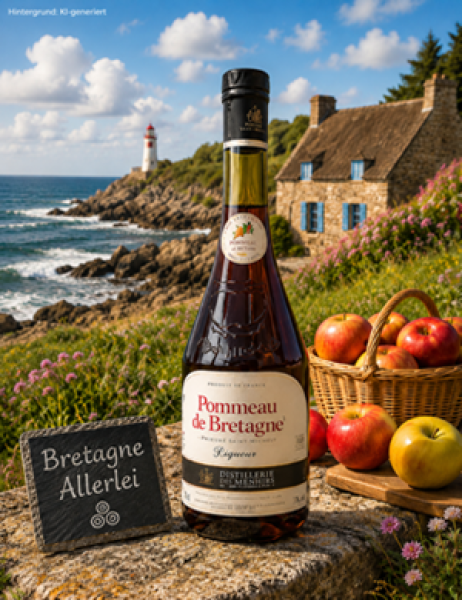 Flasche Pommeau Tradition aus der Bretagne mit bernsteinfarbenem Inhalt